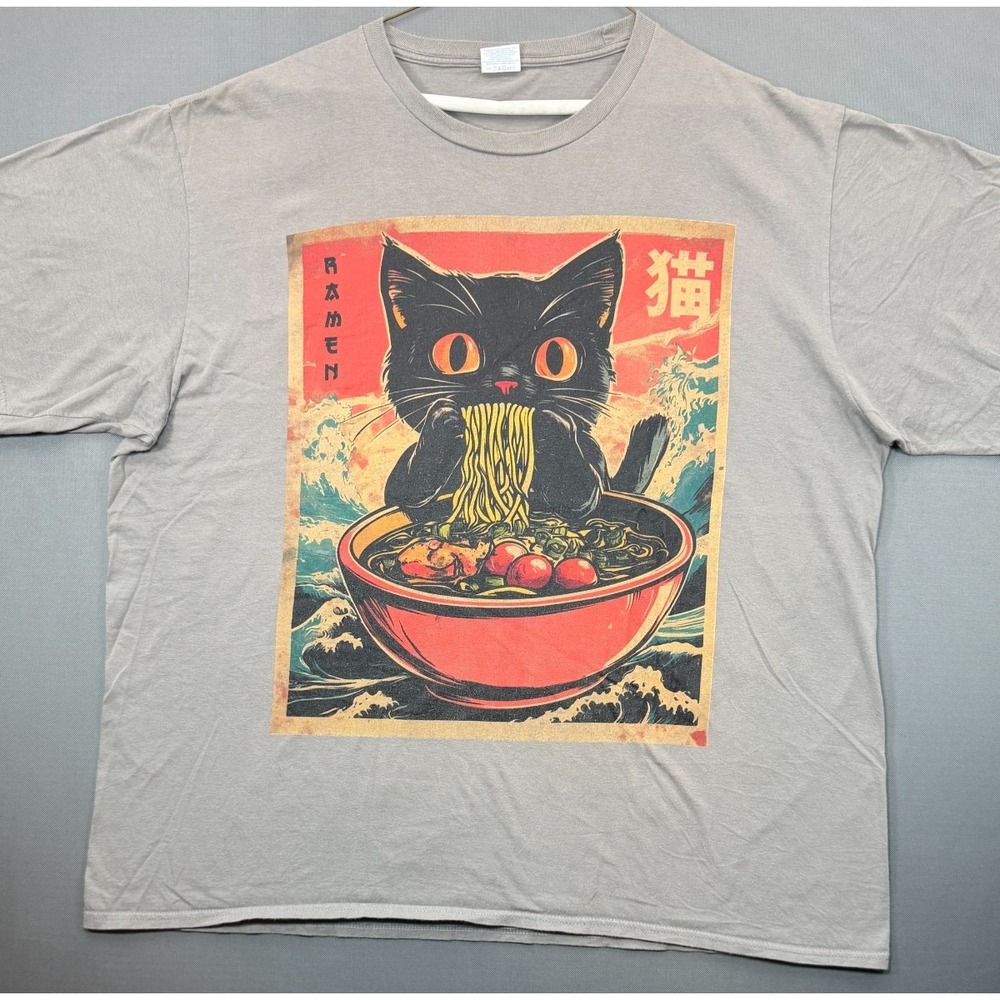 Port & Company Black Cat Ramen Graphic T Shirt Grey Anime Japanese Wave Mens 2XL - Picture 11 of 11